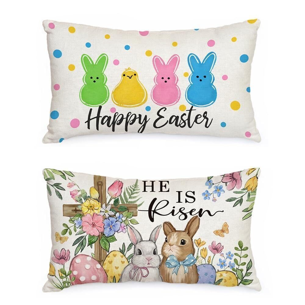 5276 Easter Bunny Cross Floral Decorations Pillow Covers 12x20 Inch